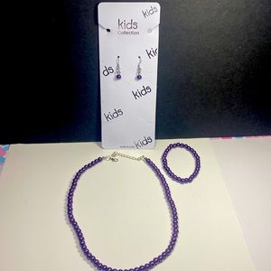 KIDS COLLECTION 3 PIECE PEARL NECKLACE EARRINGS BRACELETS NEW PURPLE